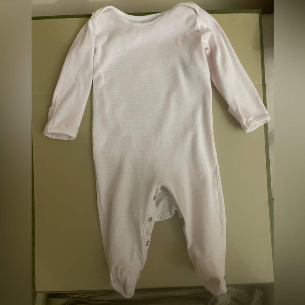 Ralph Lauren baby girl pink and white striped footed pajama onesie 6 Mths